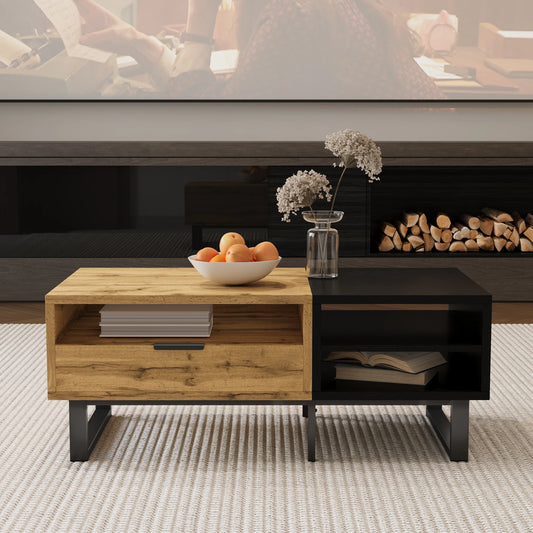 Table basse Modena – Noir et bois, rangements, 100 cm – dans un salon