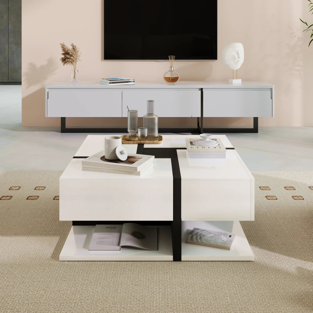 Table basse Perla – Blanc brillant, 4 tiroirs, 78 cm – rangements et fonctionnalités