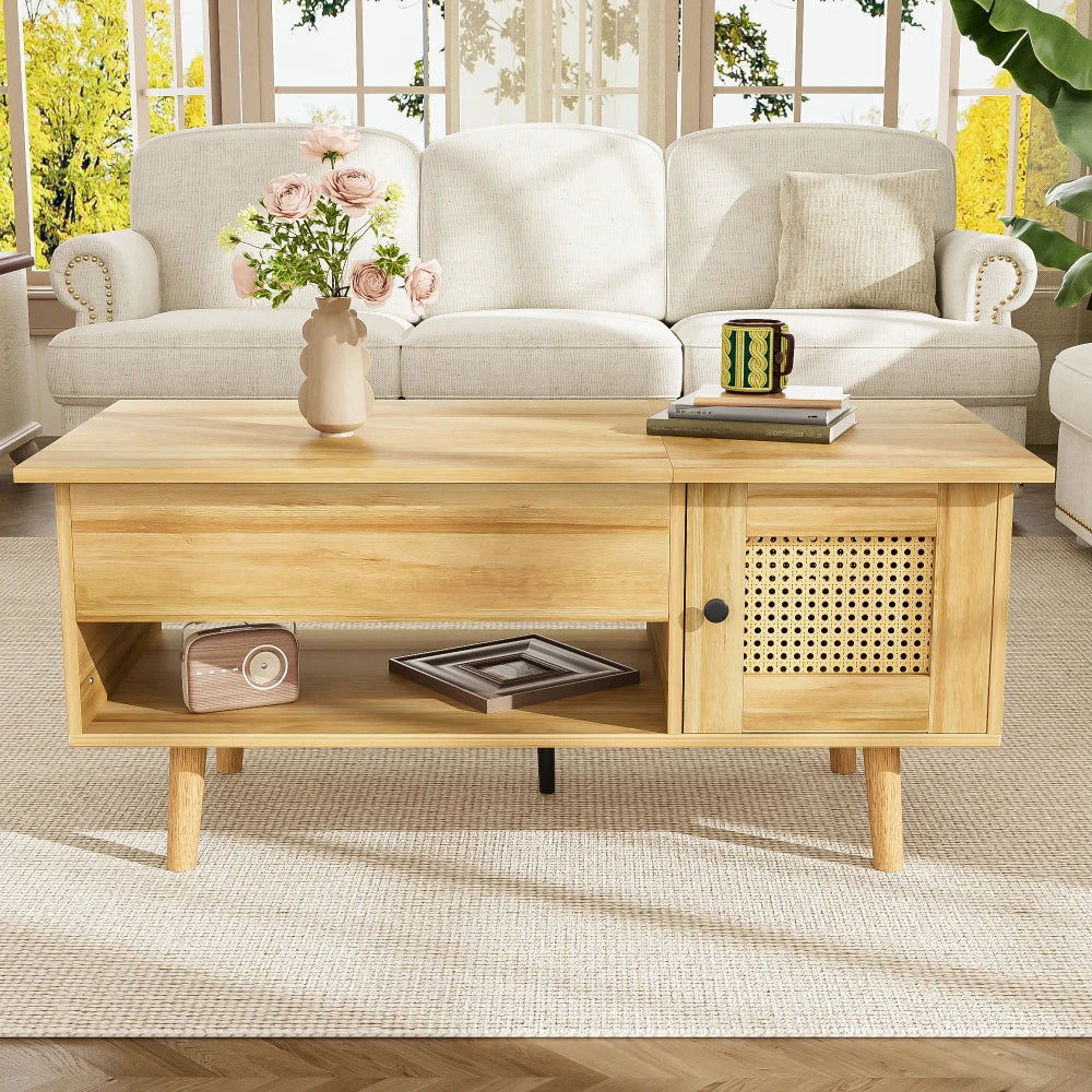 Table basse relevable Rimini – Bois et cannage, 103 cm – dans un salon