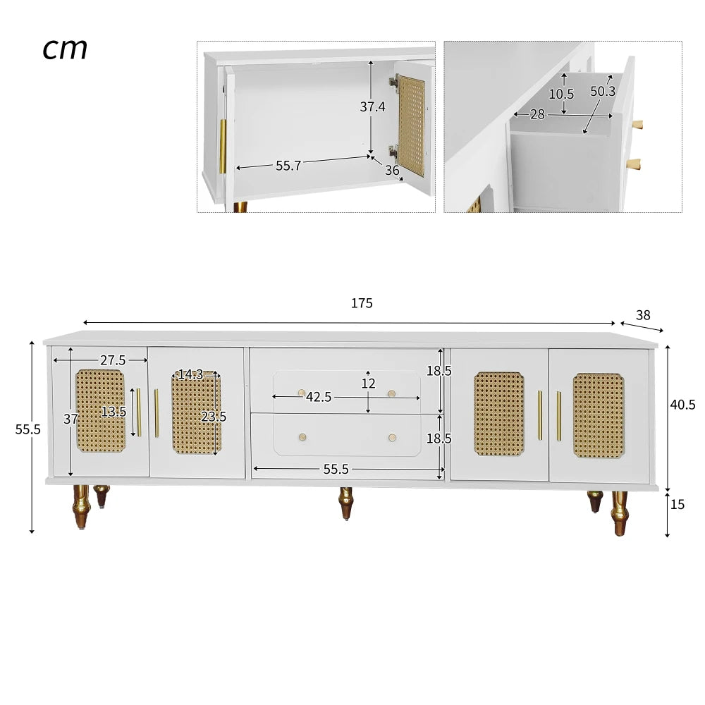 Meuble TV Bianca – Blanc, cannage et doré, 175 cm – dimensions et proportions