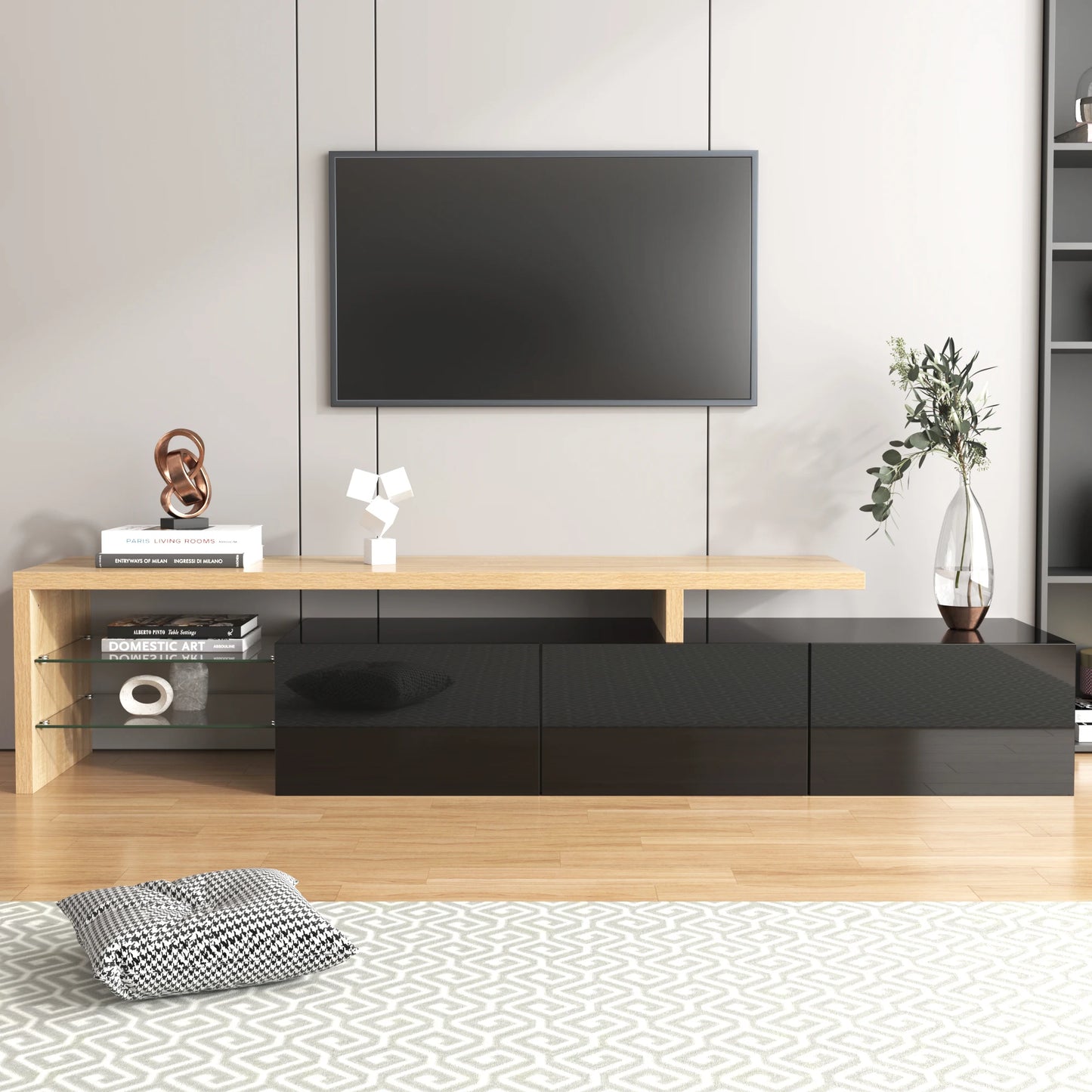 Meuble TV Notte – Noir brillant avec LED, 198 cm – rangements et fonctionnalités