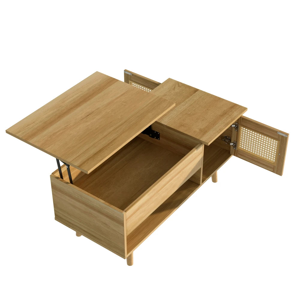 Table basse relevable Rimini – Bois et cannage, 103 cm – détail des finitions