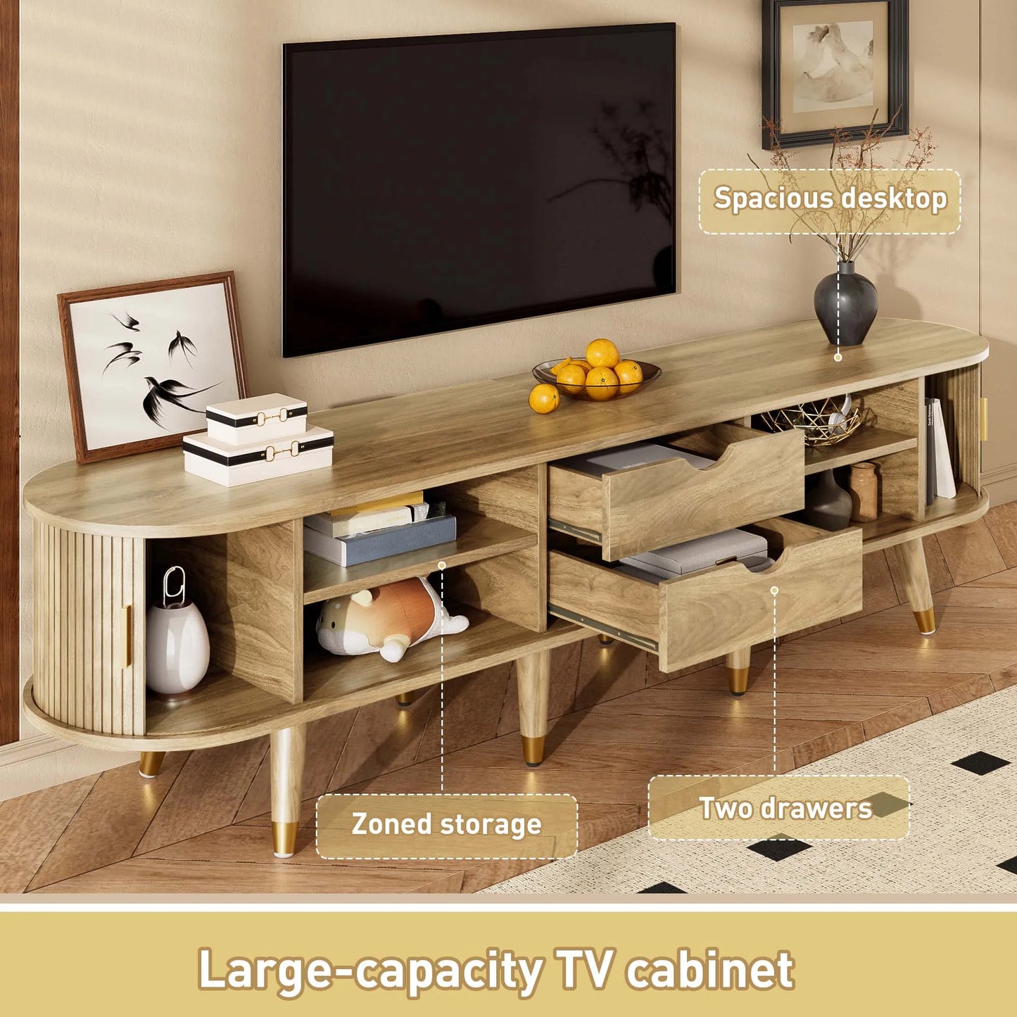Meuble TV Salina – Chêne clair coulissant, 175 cm – rangements et fonctionnalités