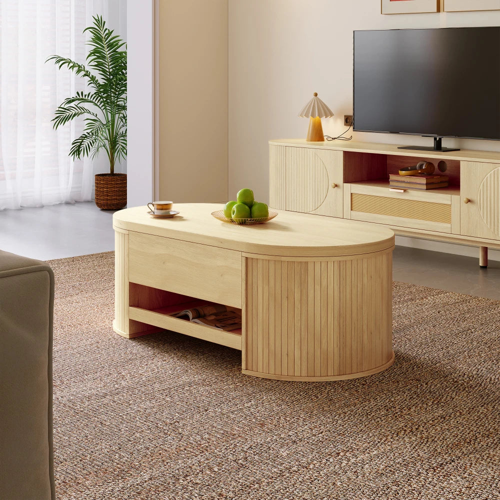 Table basse relevable Olbia – Bois naturel, 110 cm – mise en situation
