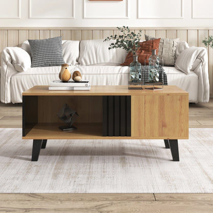 Table basse Torino – Noir et bois, rangements, 100 cm – dans un salon