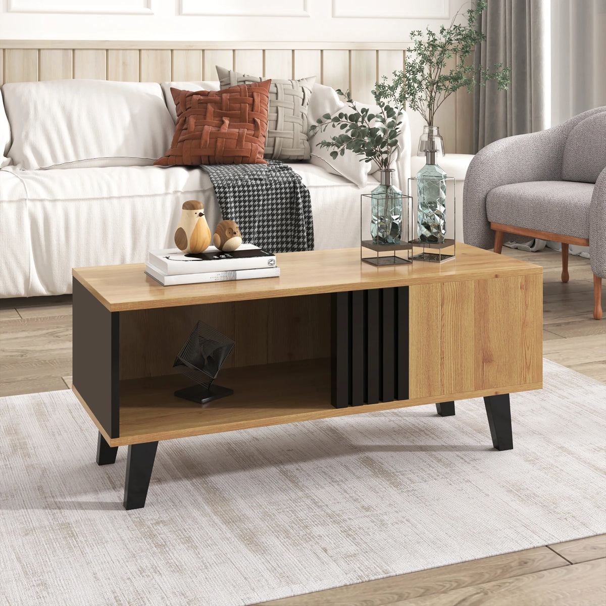 Table basse Torino – Noir et bois, rangements, 100 cm – rangements et fonctionnalités